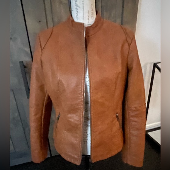 Camel colored, faux leather moto jacket. - Picture 6 of 6
